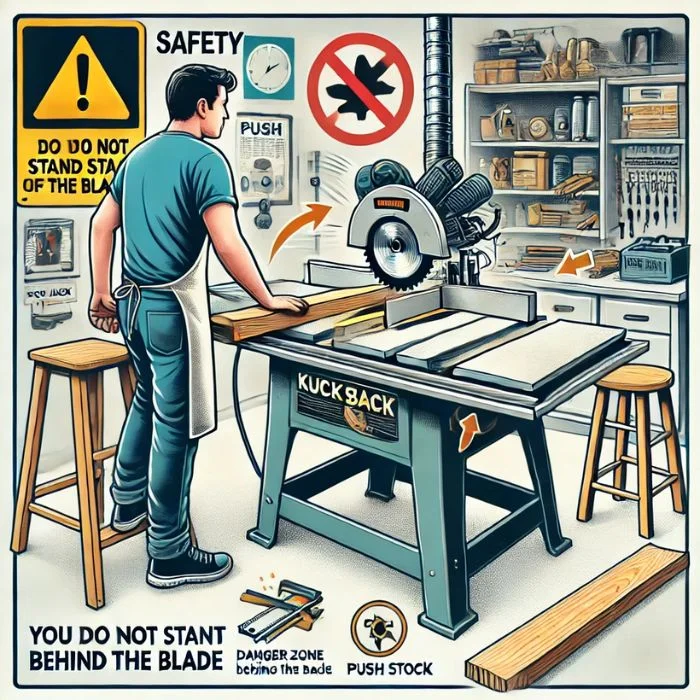 Why not stand directly behind the blade when using a table saw?