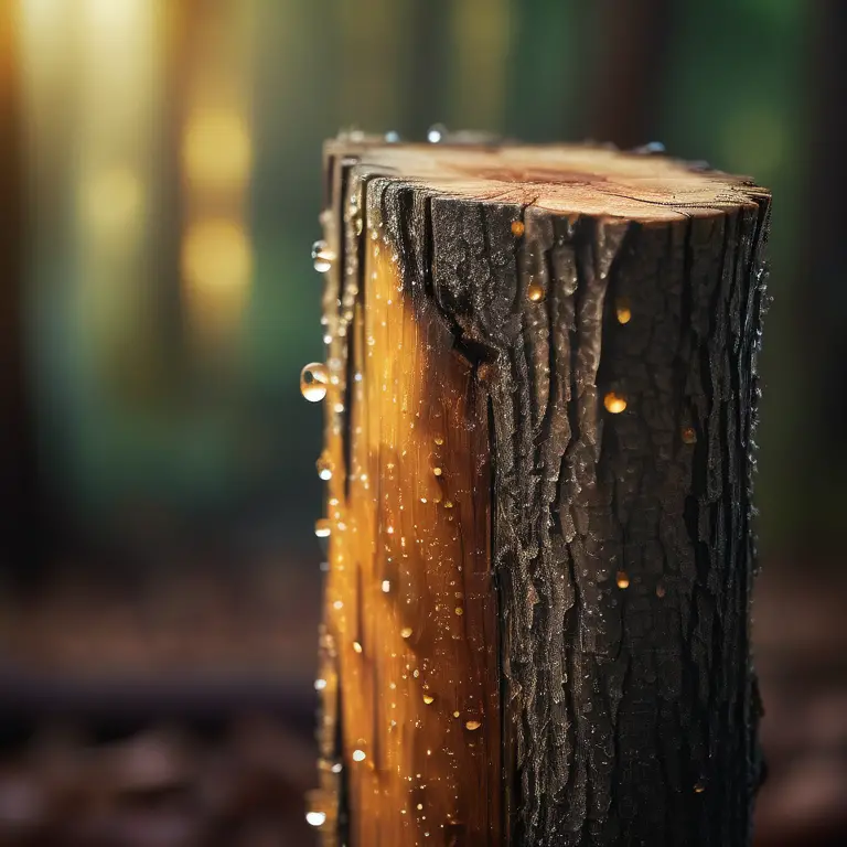 Illustration of sap trickling from the bark of a wooden log in a peaceful outdoor environment.